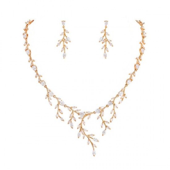 Wholesale Zircon Bridal Leaf Necklace And Earrings Wedding Set